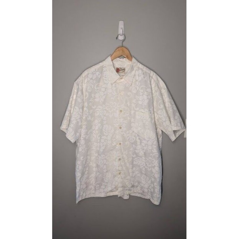 Hilo Hattie Shirt Mens 2XL All White Floral Hawaiian Short Sleeve Wedding